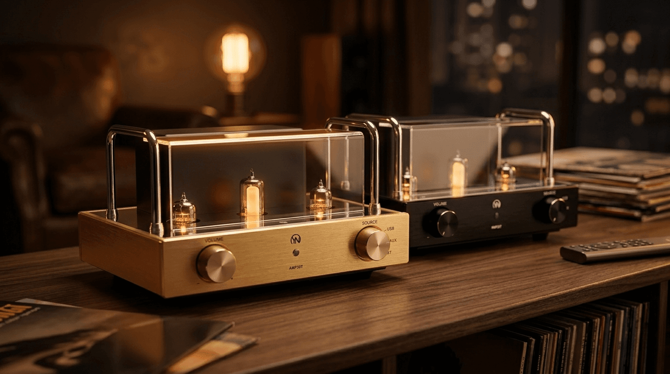 Two vacuum tube amplifiers with glowing tubes sit on a wooden shelf in warm lighting.