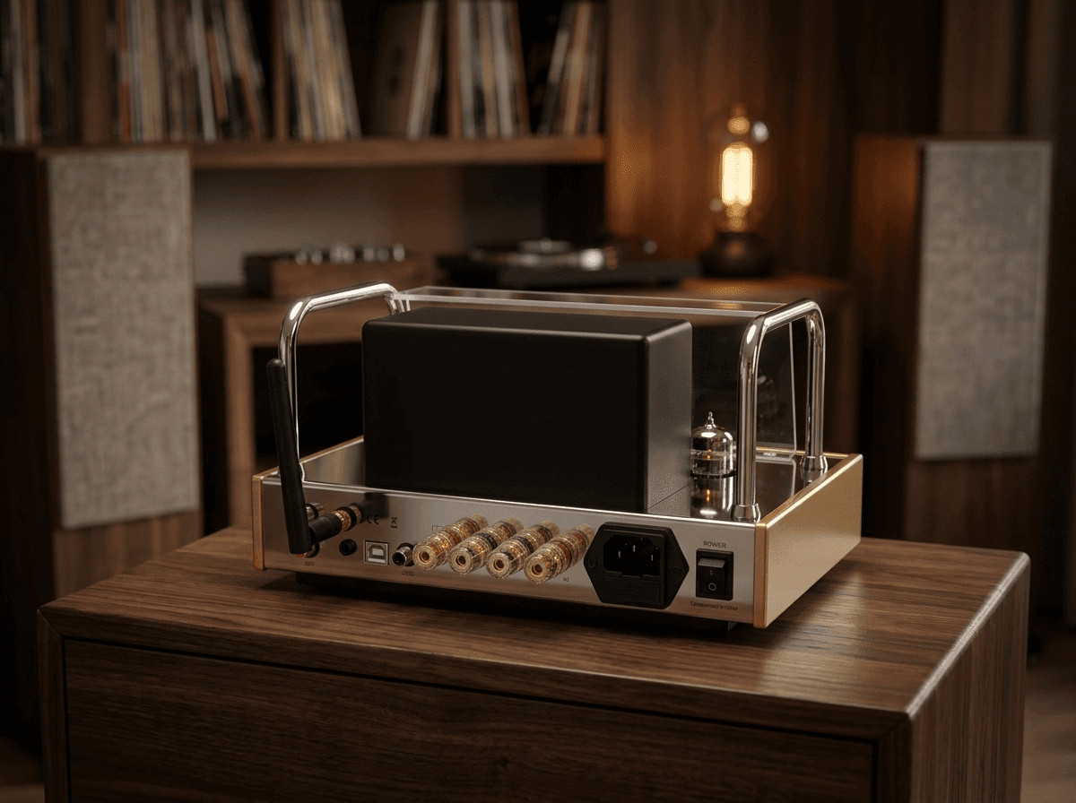 Rear view of a high-end audio amplifier on a wooden table in a cozy room.