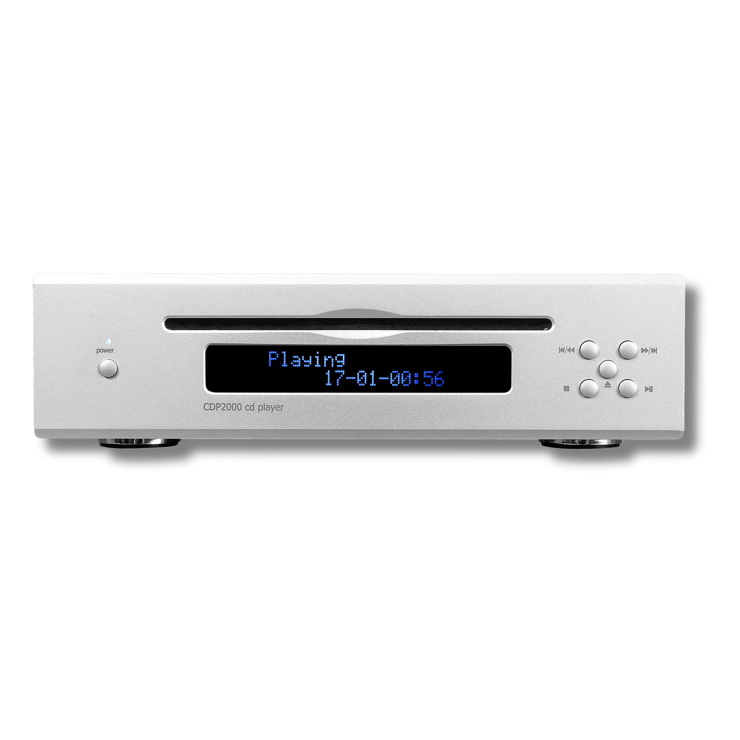 Silver CDP2000 CD player featuring a slot-loading drive and a blue digital display screen.