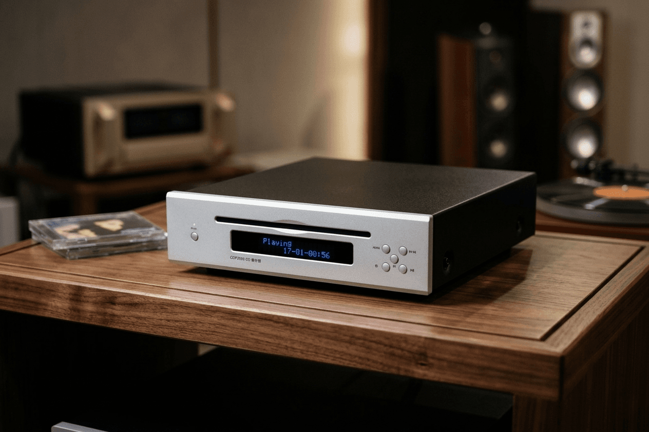 Silver CD player with a blue digital display on a wooden table with speakers behind.
