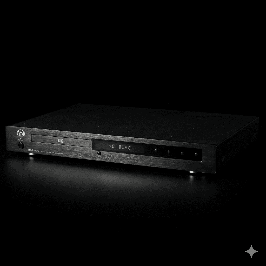 Black brushed metal high definition CD player with a digital display reading 'NO DISC'.