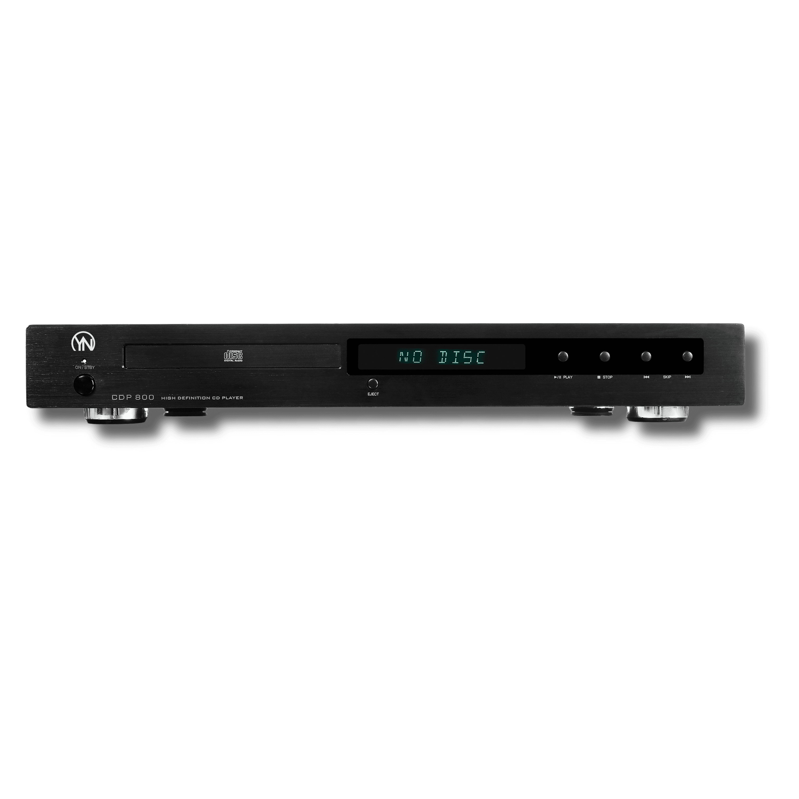 Black high-definition CD player featuring a digital display showing NO DISC and control buttons.
