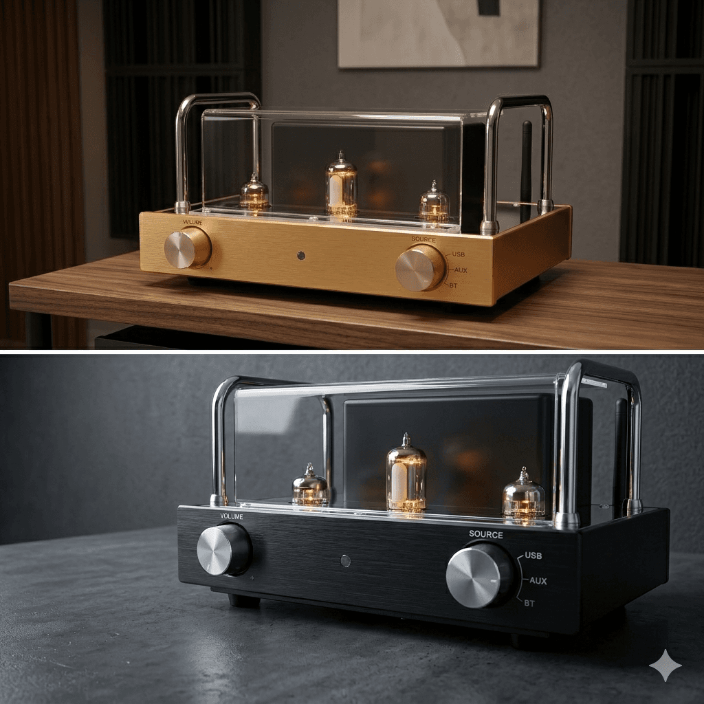 Sleek gold and black audio amplifiers showcasing glowing vacuum tubes under protective clear glass cases.