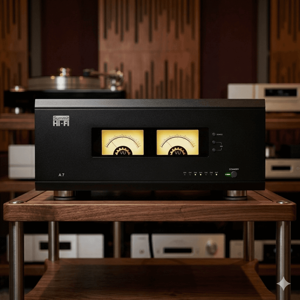 Black Summit Hi-Fi A7 amplifier with two glowing yellow VU meters on a wooden stand.
