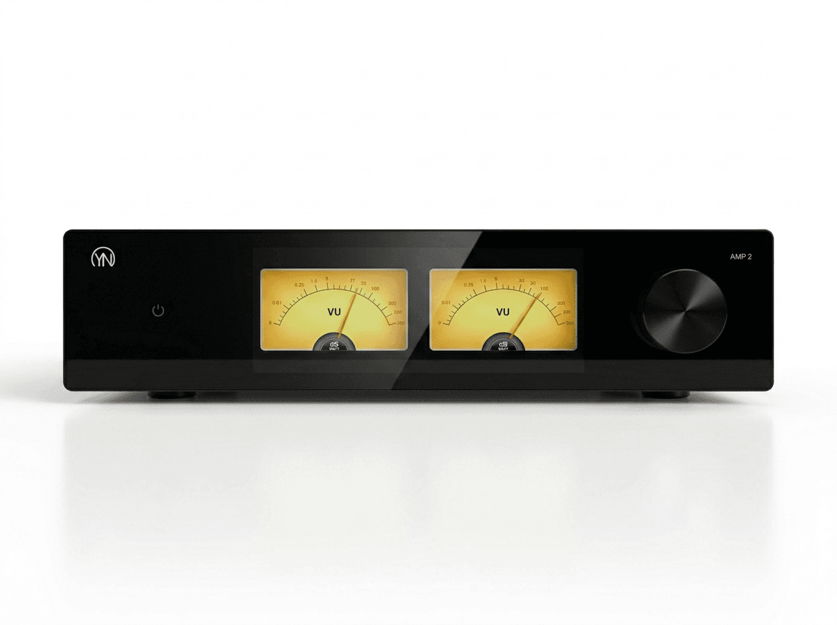 Sleek black audio amplifier with two glowing yellow VU meters and a large volume knob.
