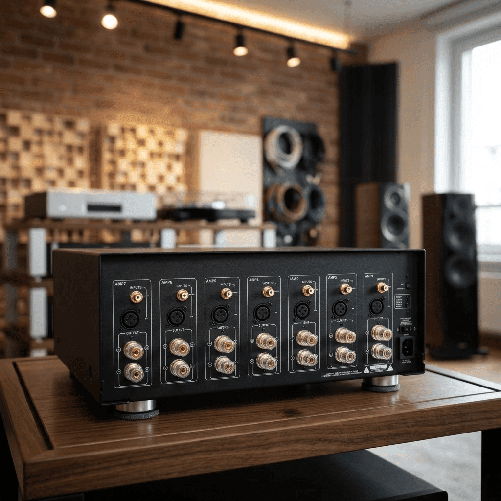 Rear view of a black multi-channel amplifier with gold-plated connectors in a modern audio studio.