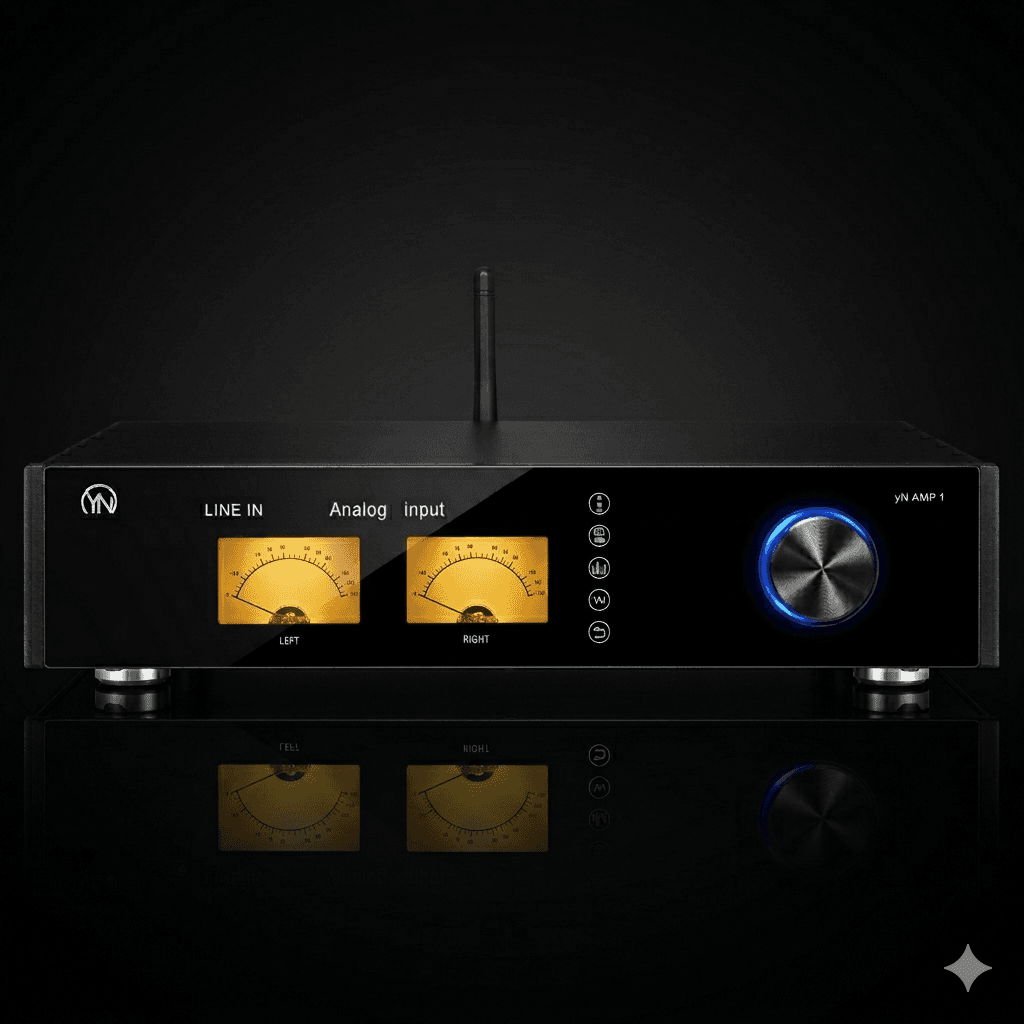 Black audio amplifier featuring two yellow analog VU meters and a blue illuminated volume knob.