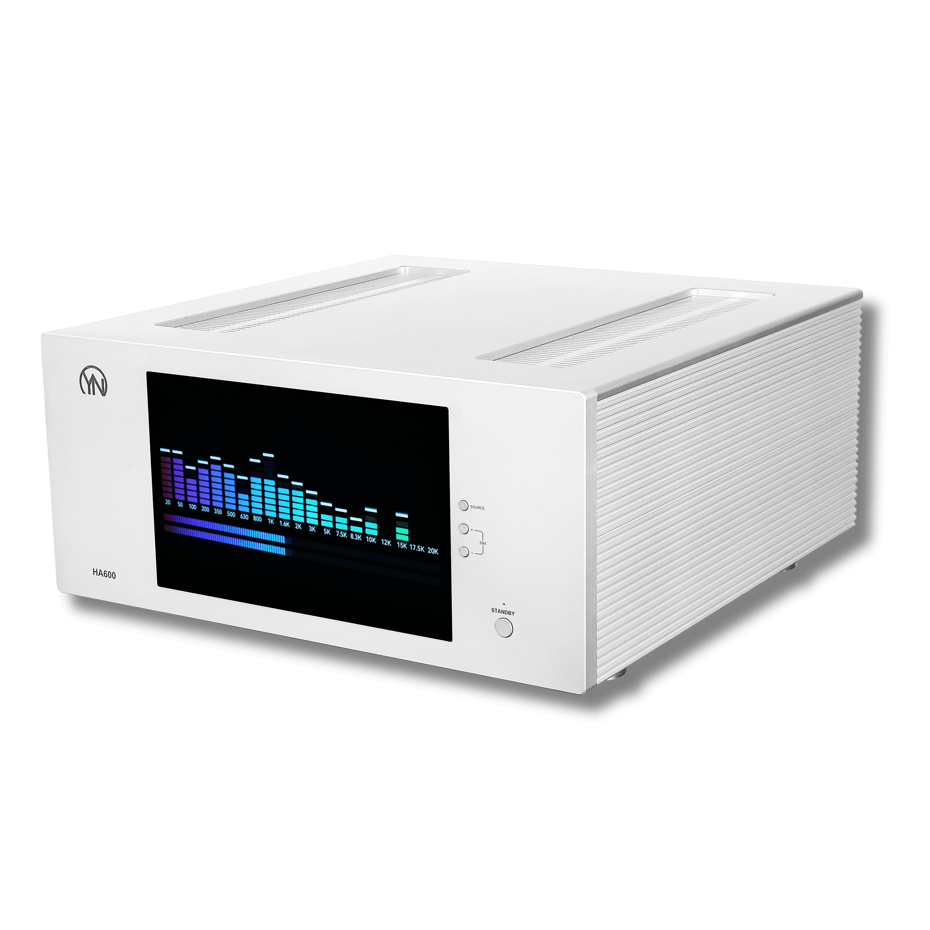Silver HA600 audio amplifier with a digital screen displaying a colorful frequency spectrum analyzer.