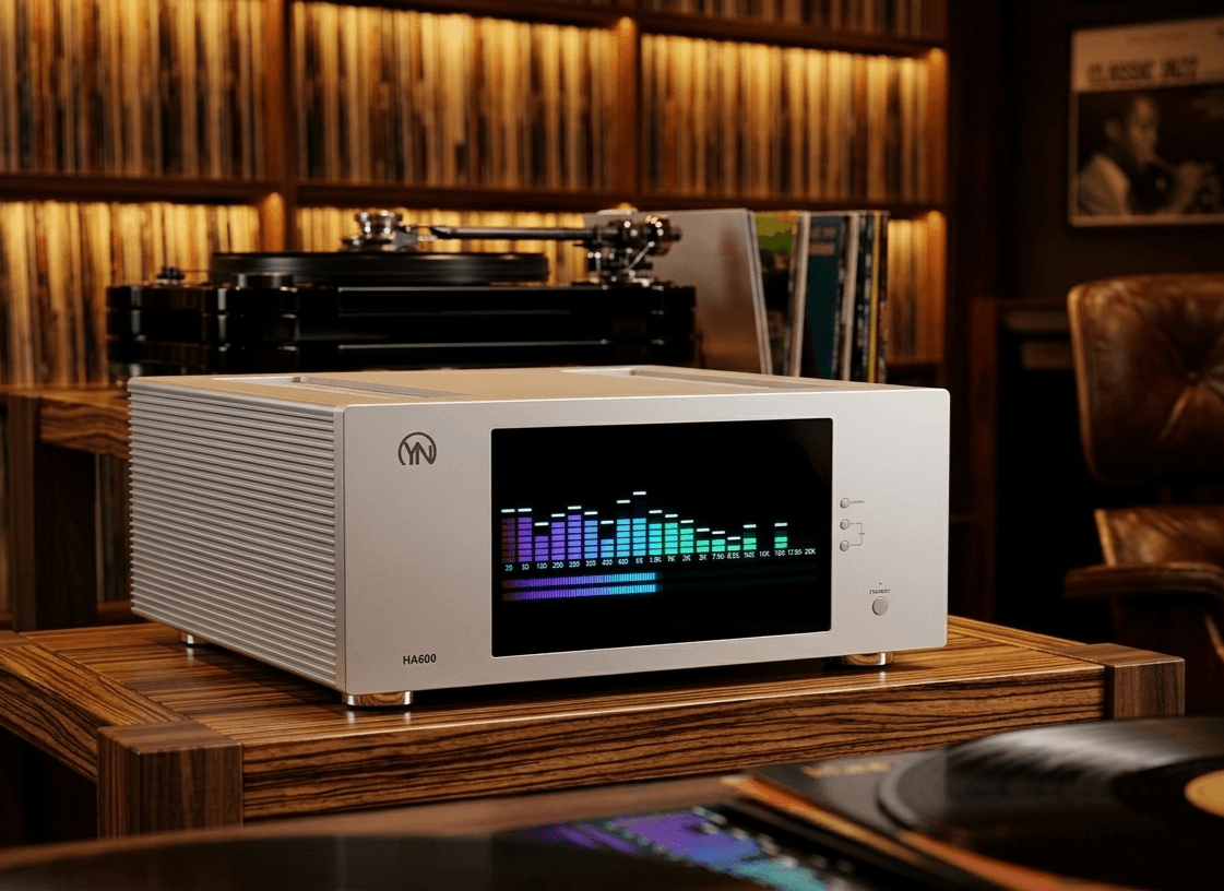 Silver HA600 audio amplifier with a colorful digital equalizer display on a wooden table.