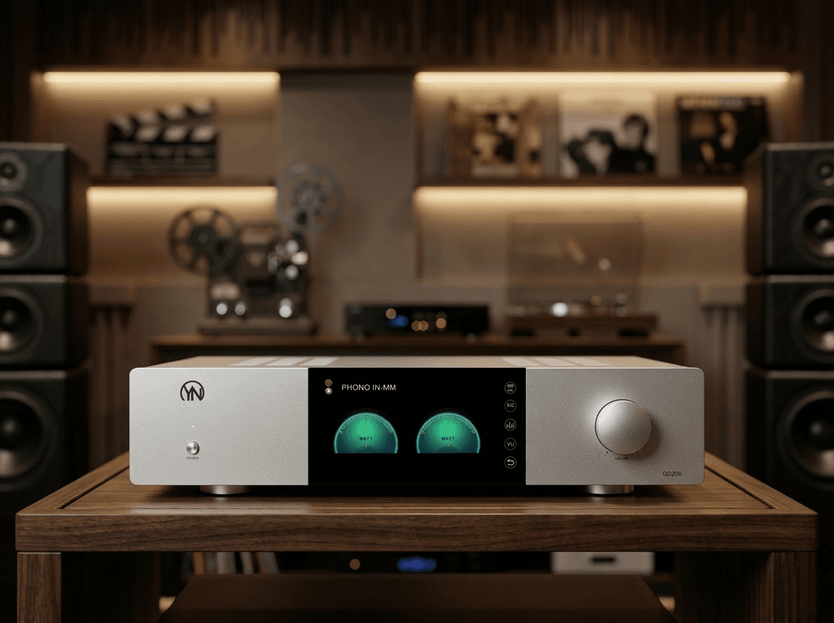 Modern silver stereo amplifier with dual green VU meters displayed on a wooden table.