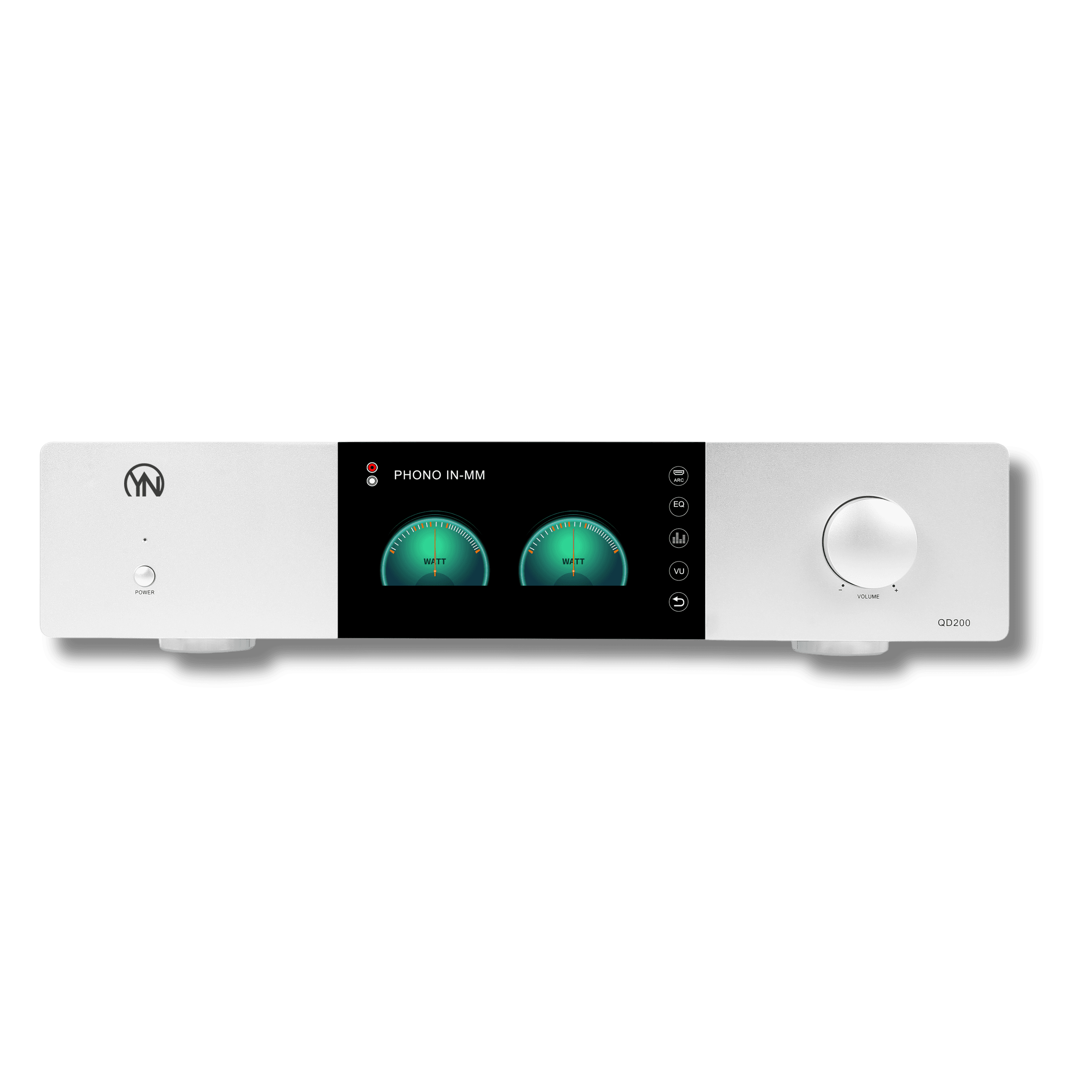 Silver QD200 amplifier featuring a black display with two glowing green watt meters.