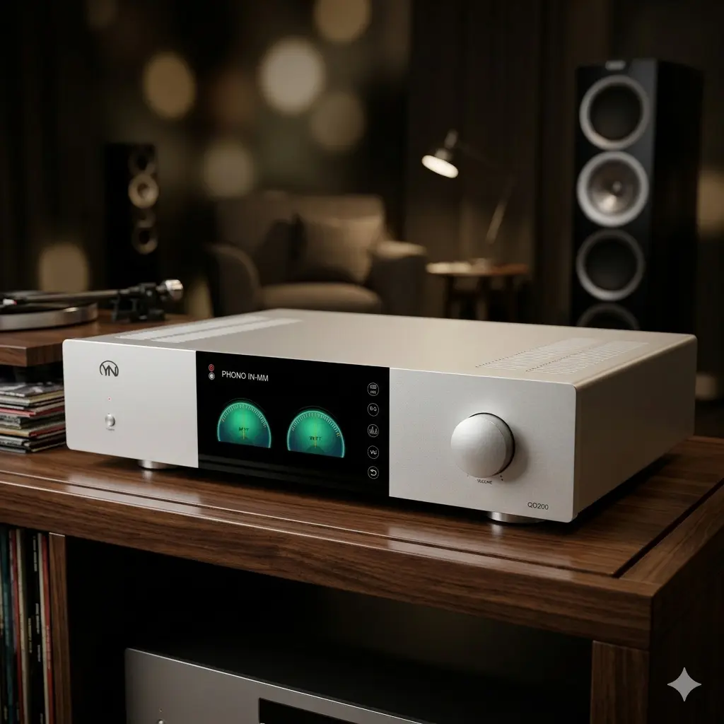 Sleek silver stereo amplifier with glowing green VU meters on a dark wooden shelf.