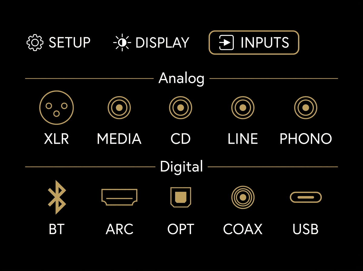 Audio input selection screen with analog and digital options including XLR, Bluetooth, ARC, and USB.
