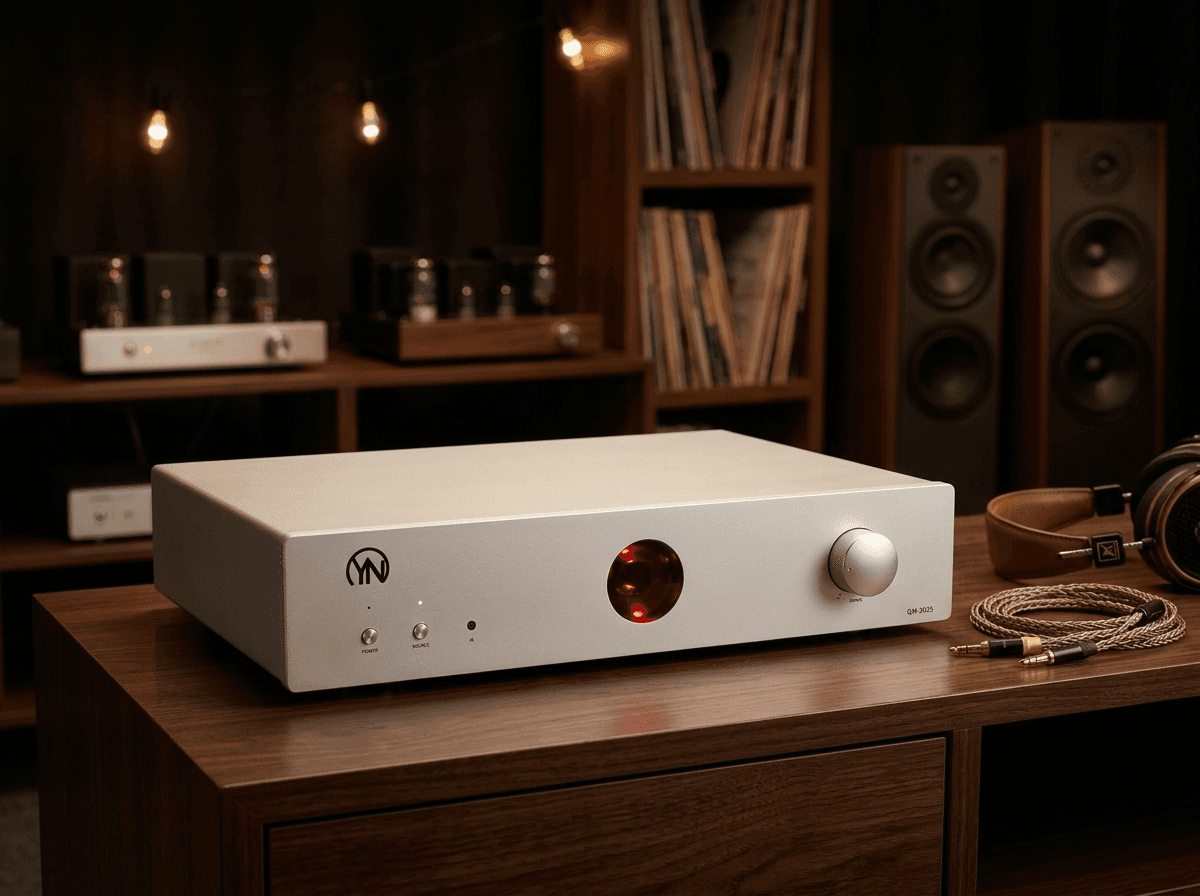 Sleek silver YN audio amplifier with a glowing red dial on a wooden table.