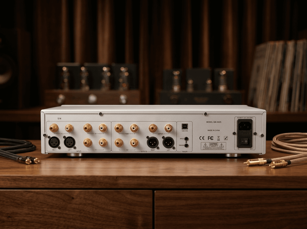 Rear panel of a silver audio component with gold-plated RCA and XLR connectors on wood.