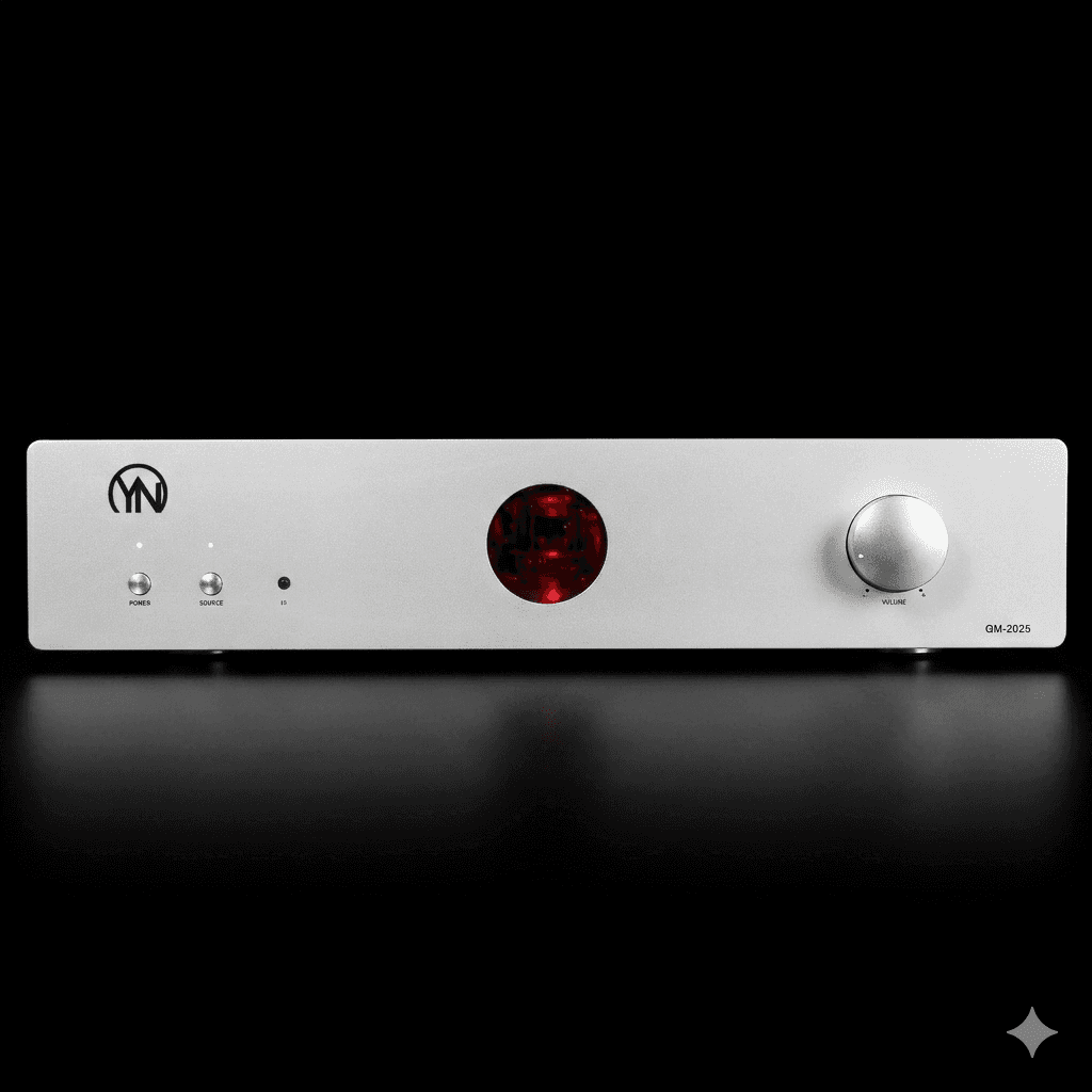 Silver audio amplifier featuring a glowing red vacuum tube and a large silver volume knob.