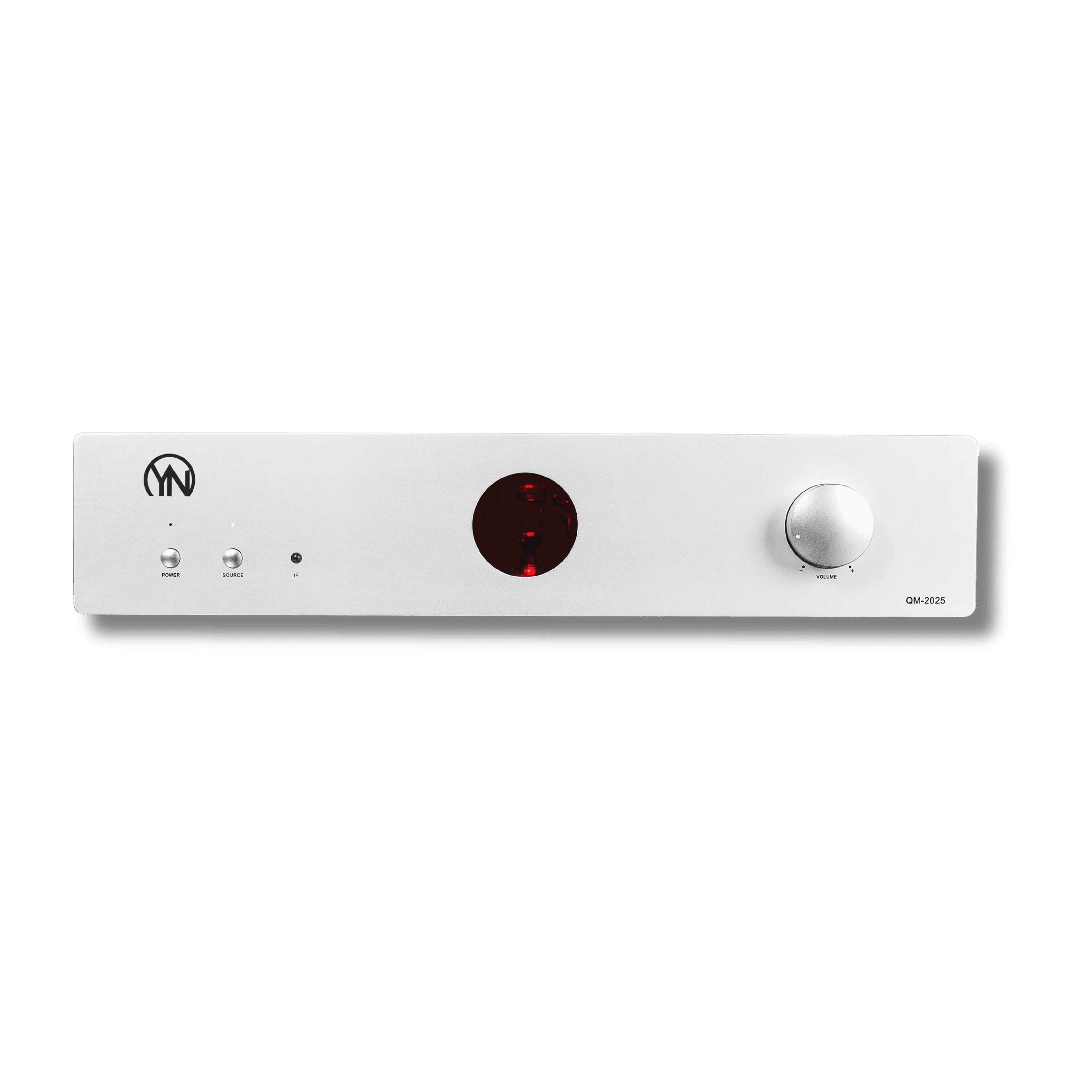 Silver QM-2025 audio amplifier with a central red display, volume knob, and power buttons.