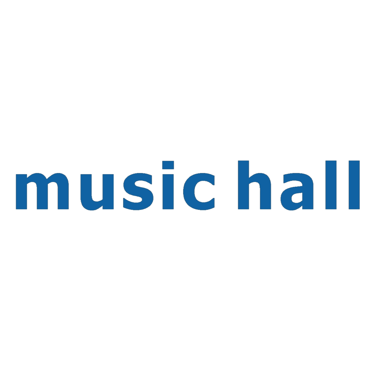 Bold blue text reading 'music hall' in a lowercase sans-serif font against white background.