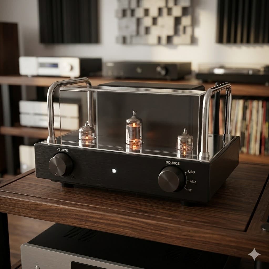 Black vacuum tube amplifier with three glowing tubes and metal knobs on a wooden shelf.